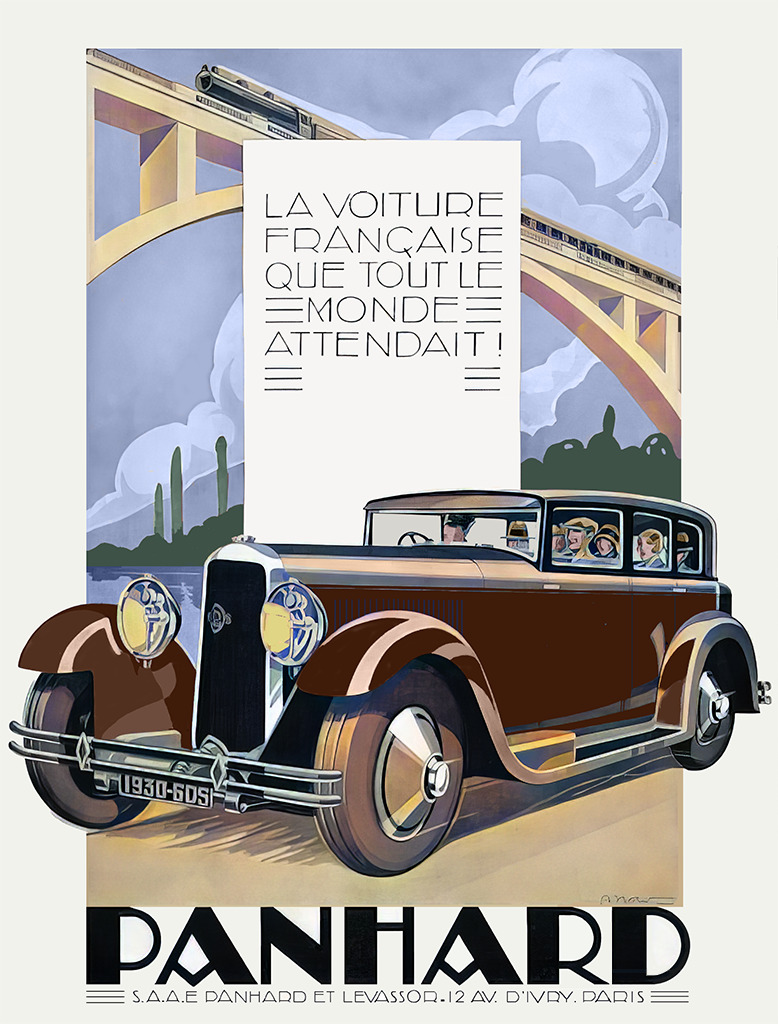 Vintage poster illustration of a brown Panhard car under a bridge with stylized background