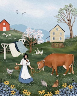 Folk art painting of woman with cow and chickens on spring farmland with houses and blooming trees