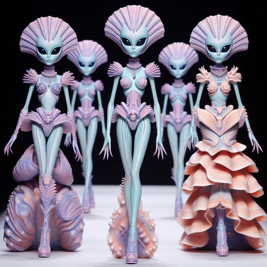 Five stylized alien beings wearing elaborate pink and purple futuristic fashion with sculptural shell-like headdresses