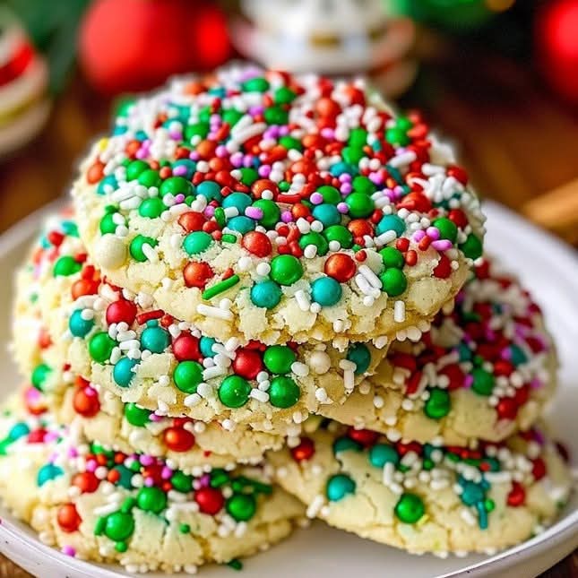 Stack of round sugar cookies covered in red, green and white sprinkles with Christmas ornaments behind them