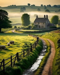 Stone cottage in foggy English countryside with dirt road, fence, and sheep grazing on green hills