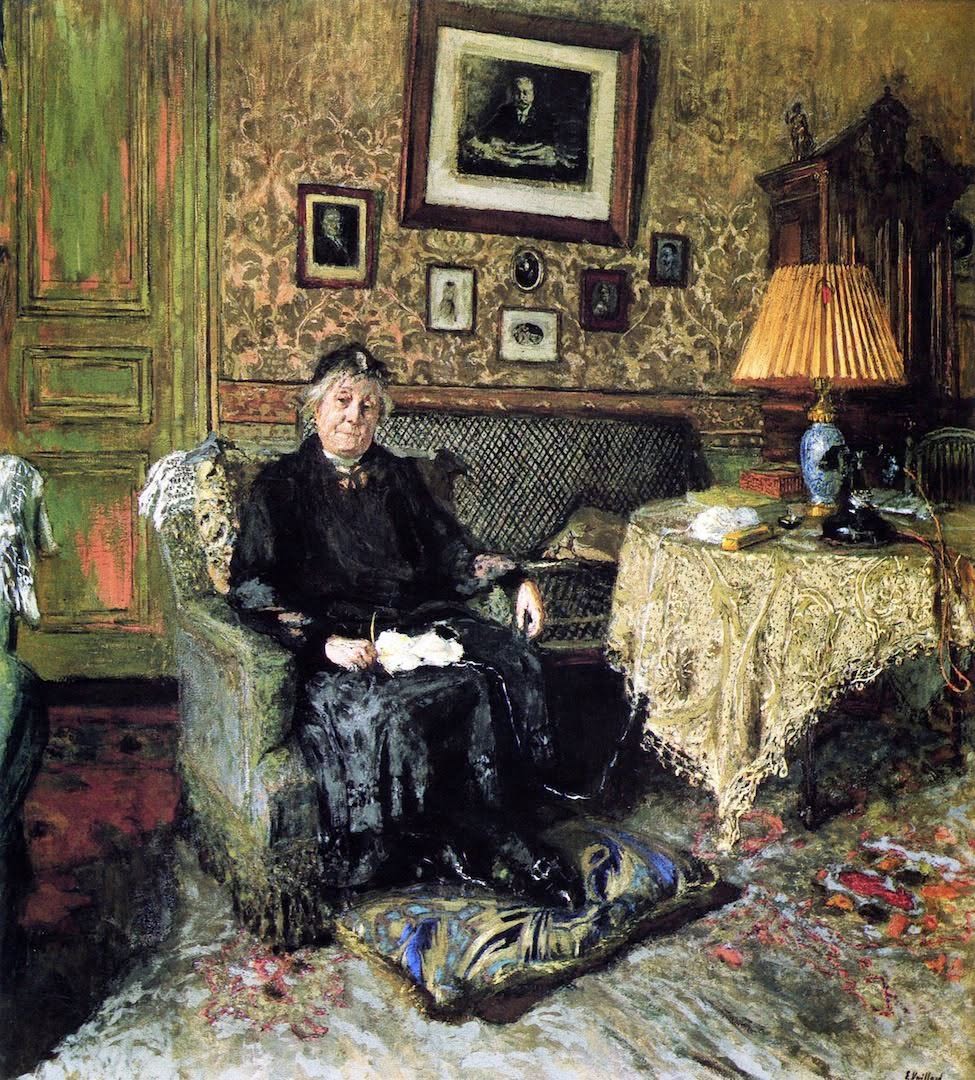 Victorian era painting showing woman in black dress seated in richly decorated parlor reading