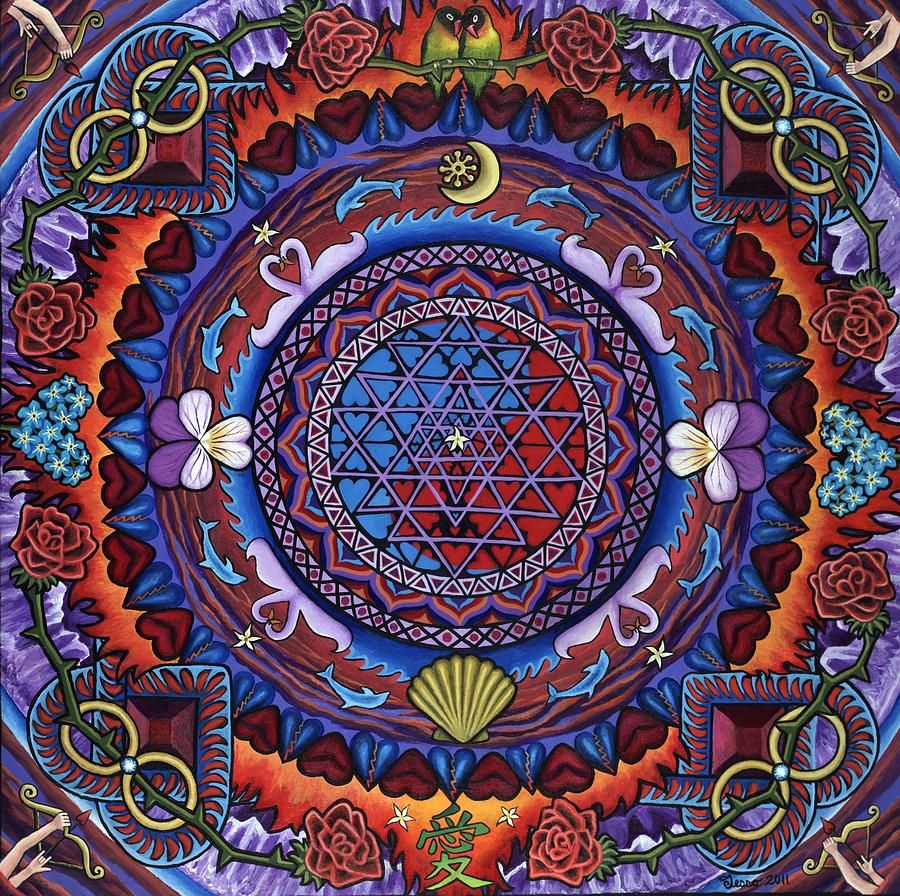 Colorful mandala with geometric center, flowers, butterflies, and moon symbols in concentric circles