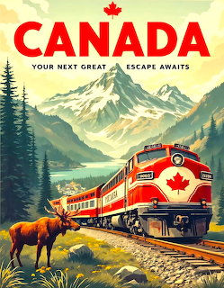 Vintage Canadian travel poster with red train, moose, and mountain scenery
