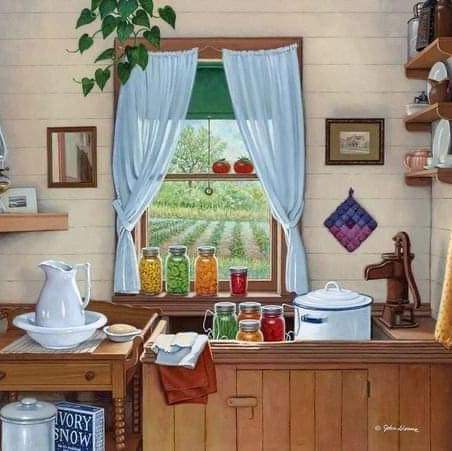 Painting of a rustic country farmhouse kitchen interior with wooden furniture and warm lighting