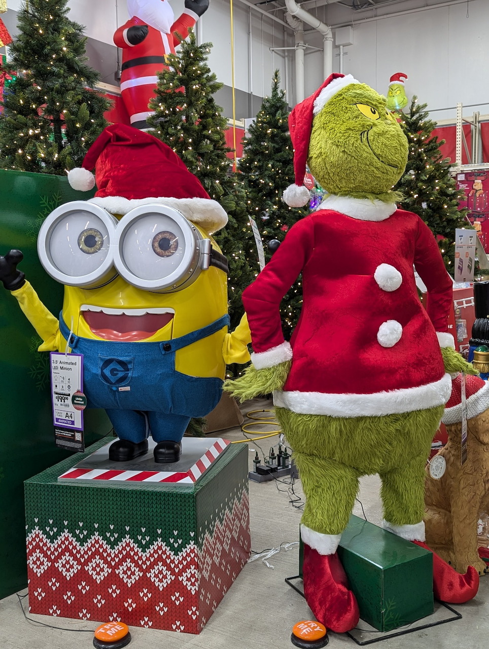 Large inflatable Minion and Grinch Christmas decorations in store