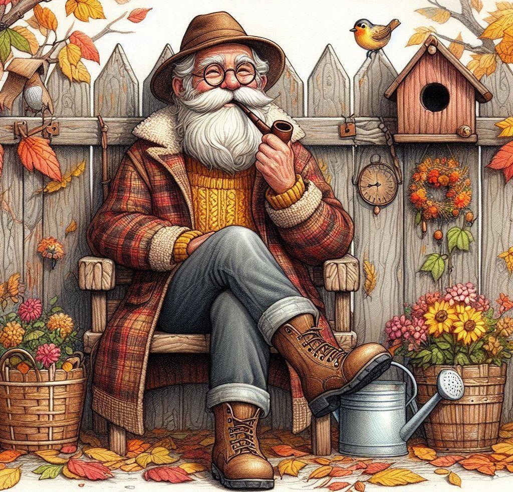 Elderly bearded man in plaid jacket sitting outdoors surrounded by autumn leaves and garden decorations