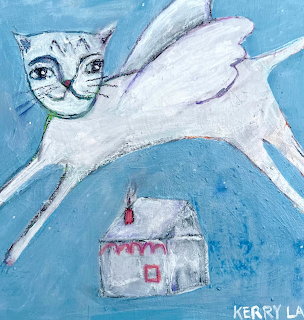 White cat with wings flying over a cottage in folk art style