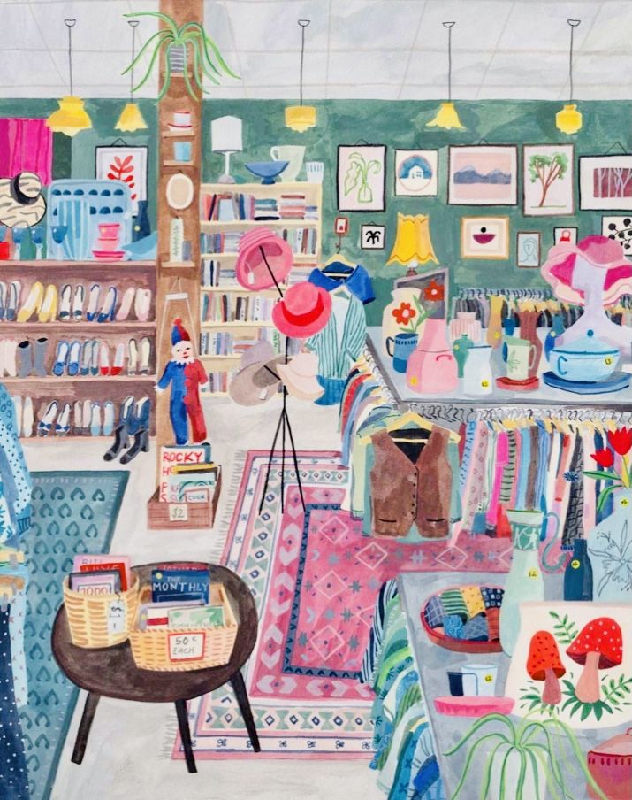 Colorful illustration of a boutique interior with clothes racks, hats, shoes, books, and decor