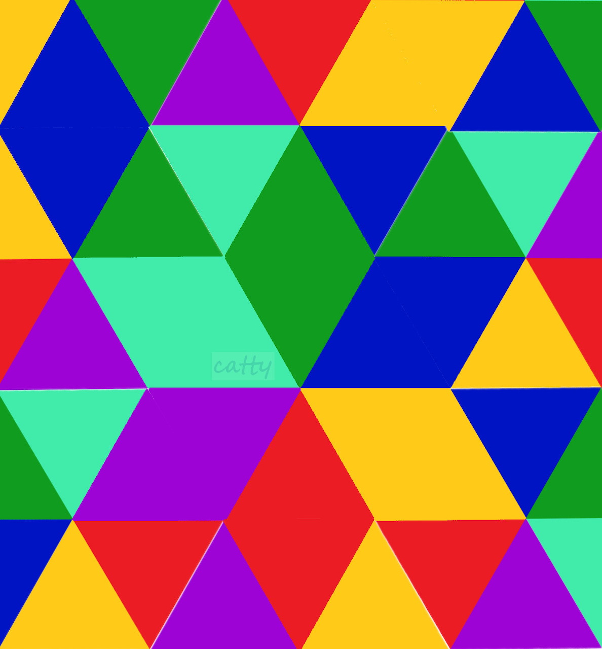 Colorful geometric pattern with triangles in blue, red, yellow, green, purple, and cyan arranged in a repeating mosaic