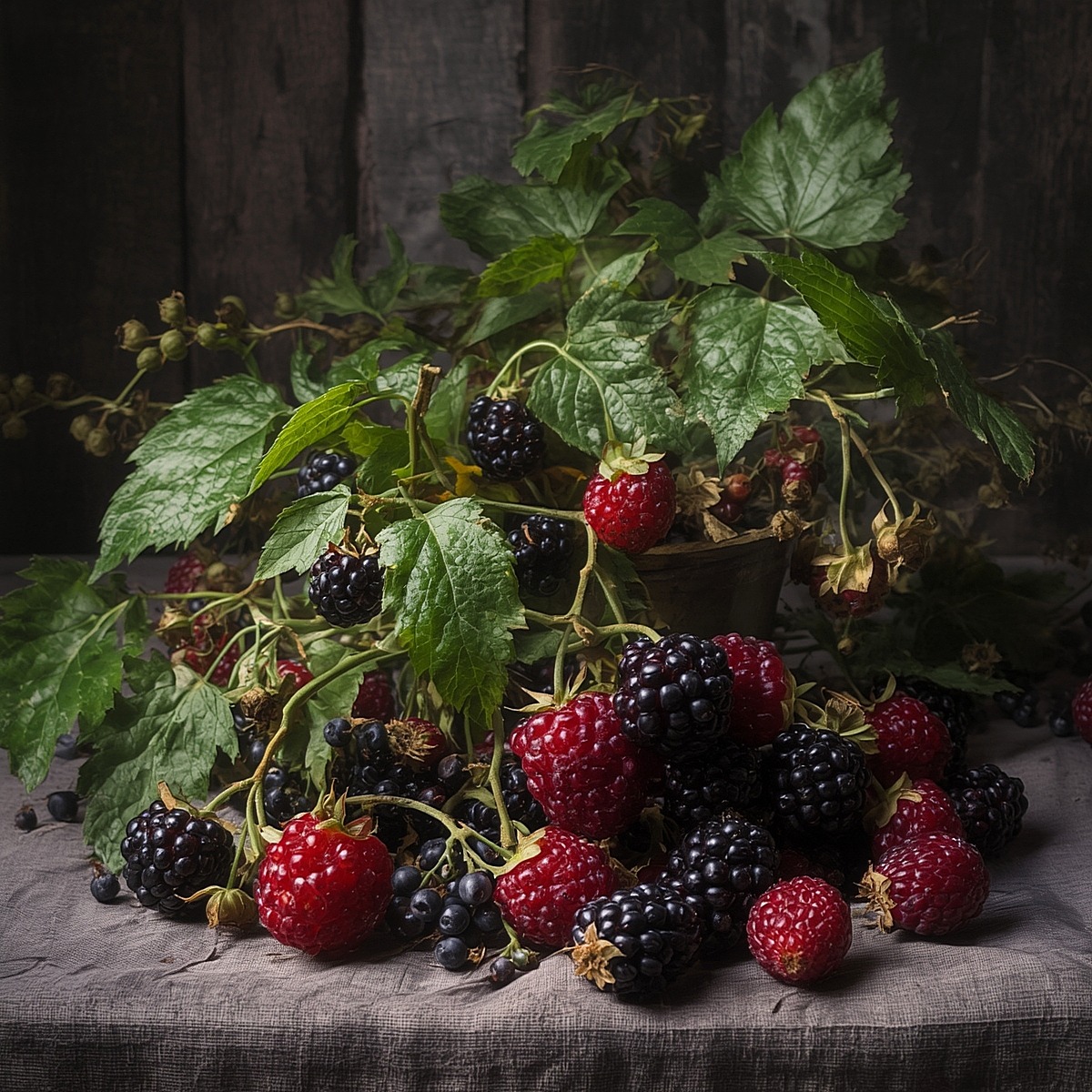 Fresh blackberries and raspberries with green foliage on dark wooden surface