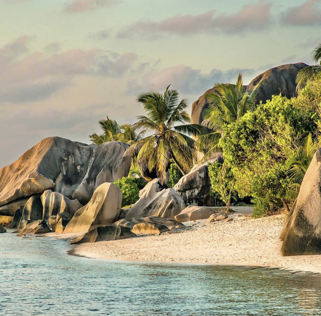 Tropical beach with large granite rocks, palm trees, and turquoise ocean water
