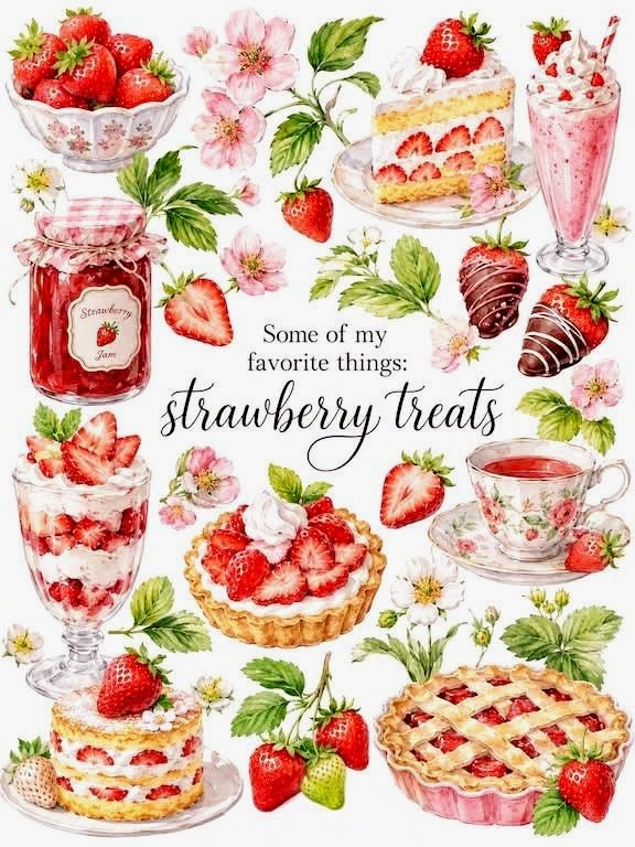 Watercolor collage of strawberry desserts, drinks, berries, flowers, and leaves on white