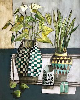 Painting of two potted plants in geometric vases with checkered cloth and stacked books on dark teal surface