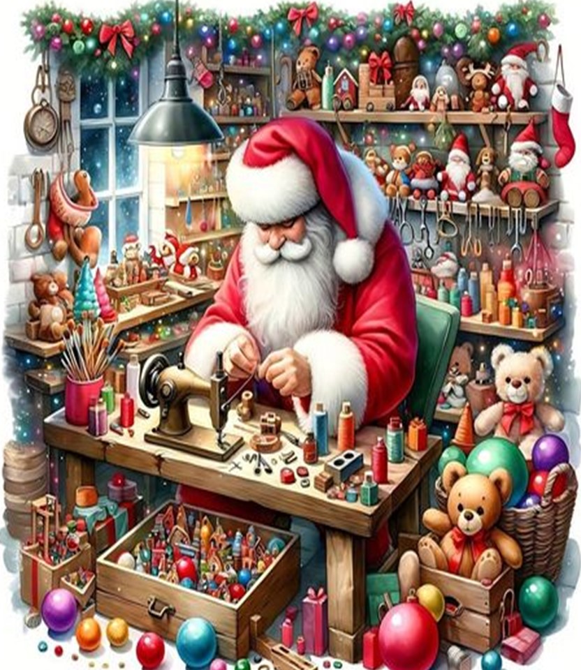 Illustration of Santa Claus working at a toy bench in a busy Christmas workshop filled with tools and toys