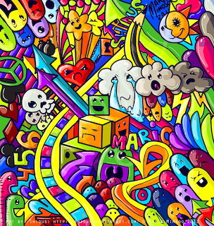 Dense colorful doodle art with cartoon skulls, rainbows, mushrooms, clouds and geometric shapes in bright neon colors