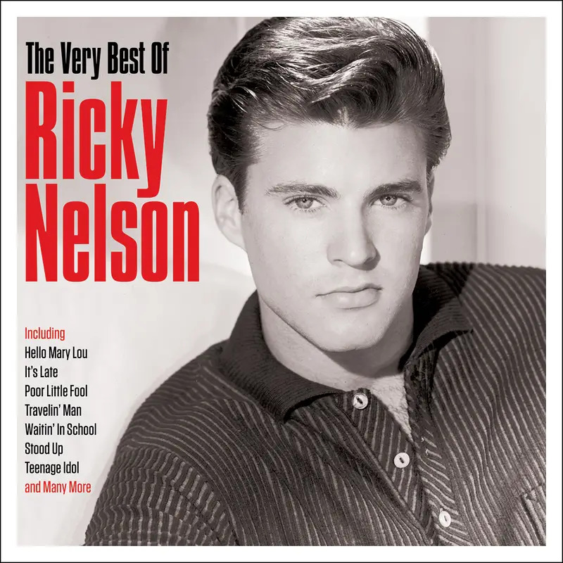 Black-and-white album cover portrait of Ricky Nelson with red text on the left