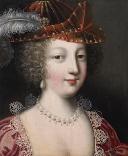 Baroque portrait painting of a woman with curly hair wearing a feathered hat, pearl earings, and red velvet dress