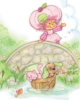 Cartoon girl in pink bonnet on stone bridge, puppy and kitten in a tub boat in a pond