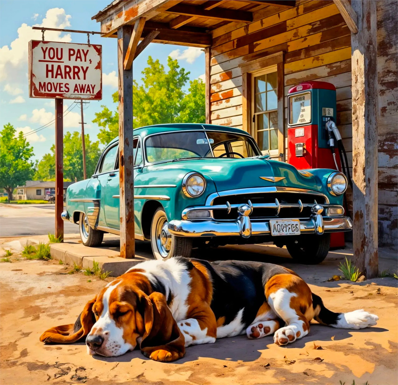 Basset hound sleeping at vintage gas station with classic turquoise car and red fuel pump