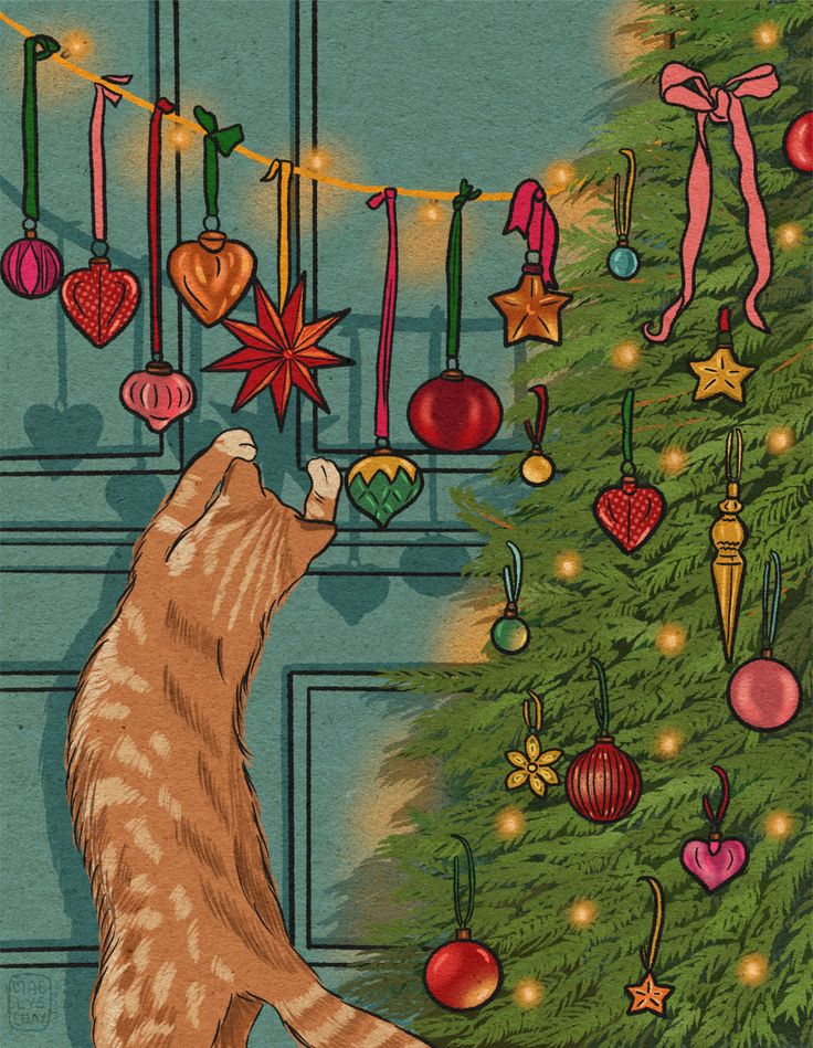 Orange cat pawing at Christmas ornaments on tree