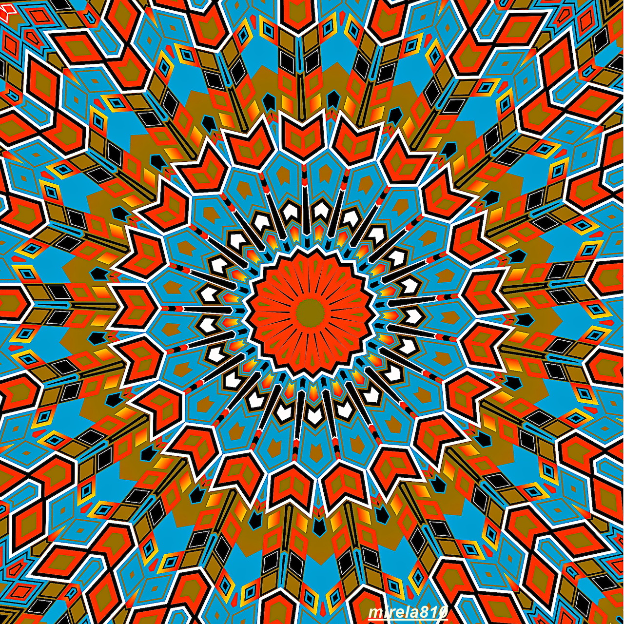 Colorful geometric mandala with orange center, turquoise and orange radiating pattern in perfect symmetry