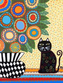 Folk art painting of a black decorated cat next to a black and white checkered vase with colorful flowers