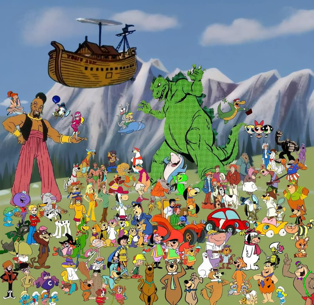 Collage of numerous classic cartoon characters including a large green monster, pirate ship, and crowd of animated figures