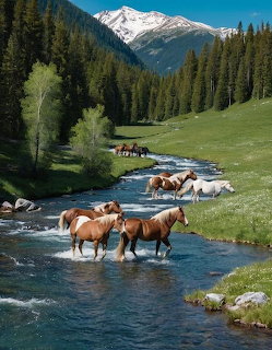 Horses wading in a mountain river with snowy peaks and pine forest in background