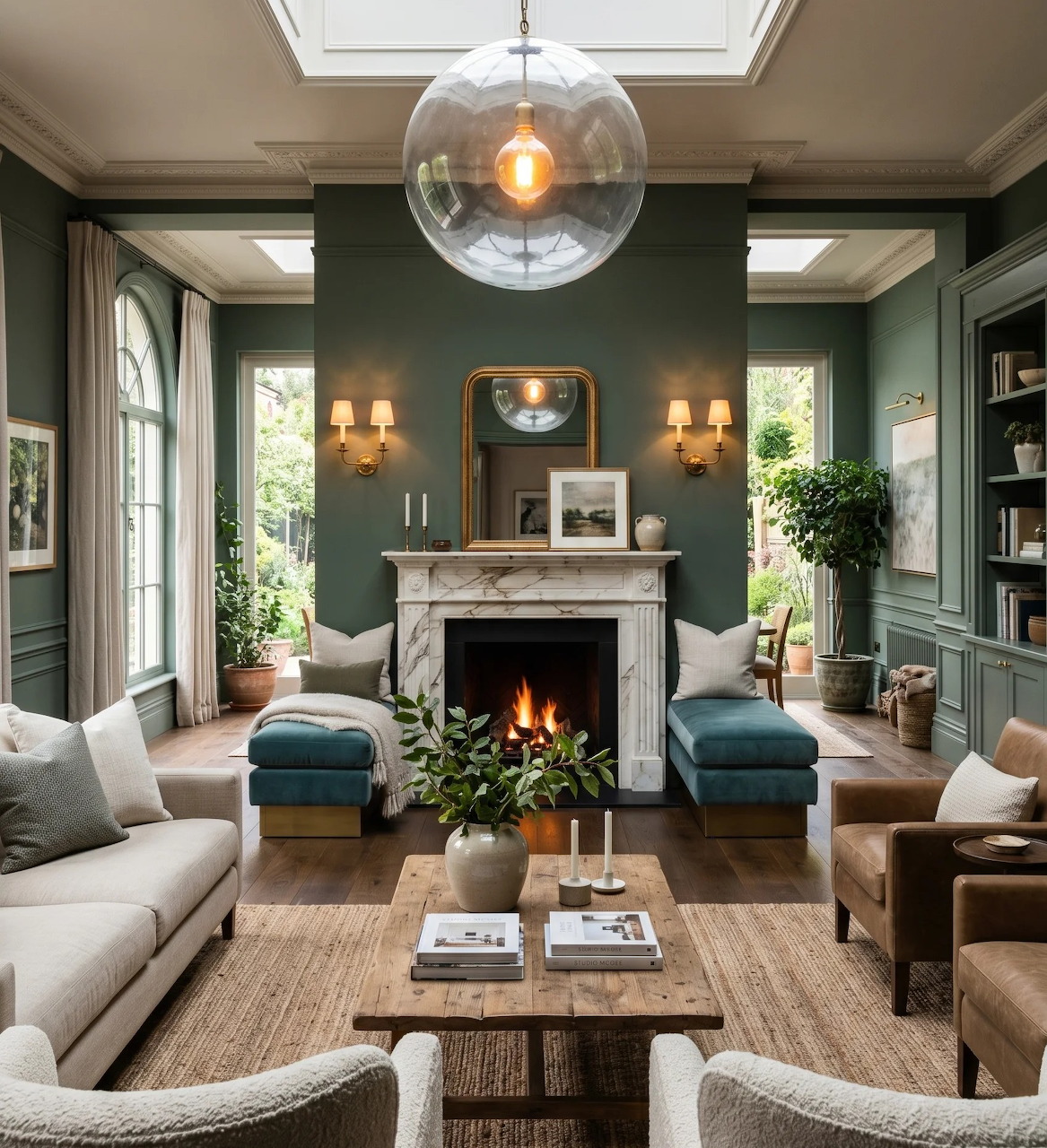 Elegant living room with fireplace, green walls, large windows, sofas, and a coffee table