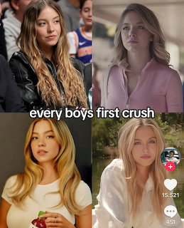 Four-panel collage of a blonde woman in close-up portraits wearing black, pink, white, and cream outfits.