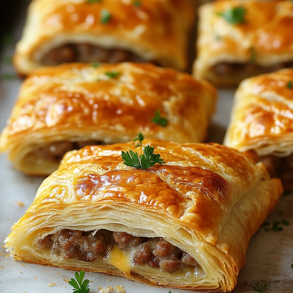 Golden puff pastry roll filled with sausage and melted cheese, with more pastries in the background