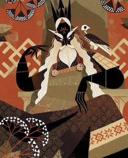 Illustration of African tribal dancer in white ceremonial dress with geometric patterns and serpents
