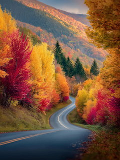Curving mountain road lined with brilliant autumn trees in red, yellow, and orange beneath colorful sky