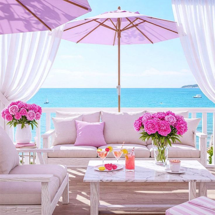 Pink patio furniture, umbrellas, and flowers on a seaside terrace overlooking the ocean
