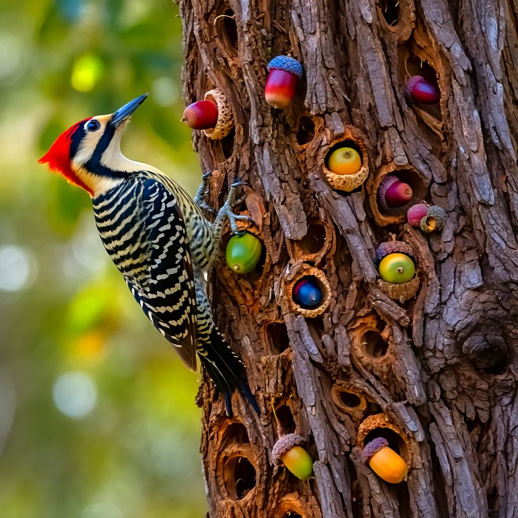 Striped woodpecker perched on tree trunk with multicolored painted holes in bark