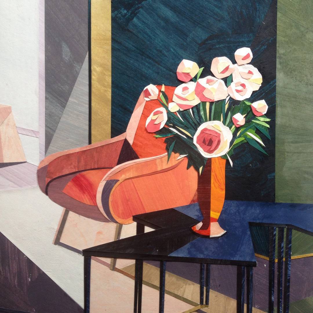 Collage art of orange chair, flowers in vase, and cat in stylized interior with geometric patterns
