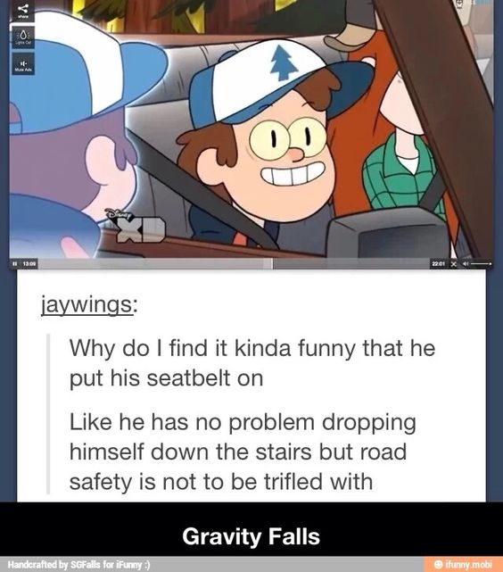 Gravity Falls screenshot of Dipper Pines wearing a seatbelt in a car with Soos, with Tumblr meme text below