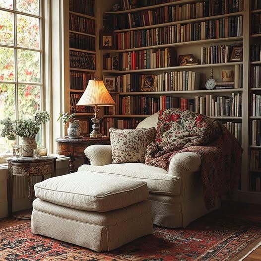 Cozy armchair with ottoman beside a window and lamp in a book-lined reading nook