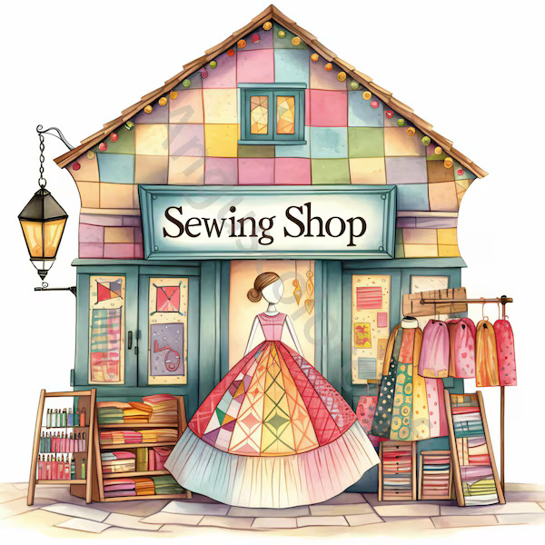 Watercolor illustration of a quaint sewing shop with colorful patchwork walls and a woman in a Victorian dress standing at the entrance
