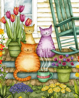 Two cats sitting on a porch with flower pots, tulips in vase, and green rocking chair, watercolor style