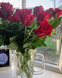Bouquet of red roses in a clear glass vase on a bright windowsill