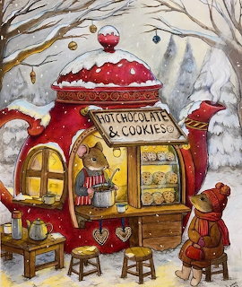 Watercolor painting of woodland animals at a whimsical hot chocolate shop shaped like a red teapot in winter snow