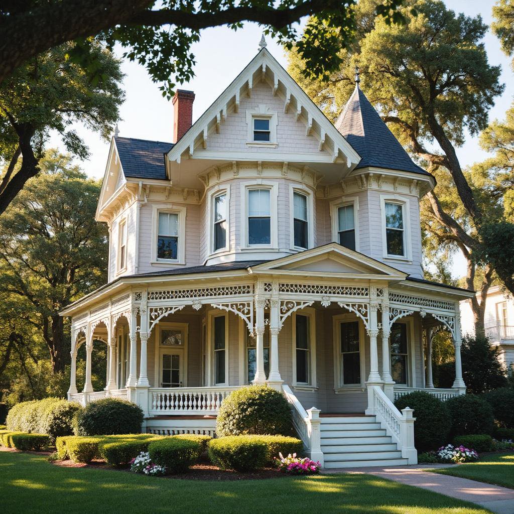 Victorian house with ornate porch, bay windows, and white stairs surrounded by trees and shrubs