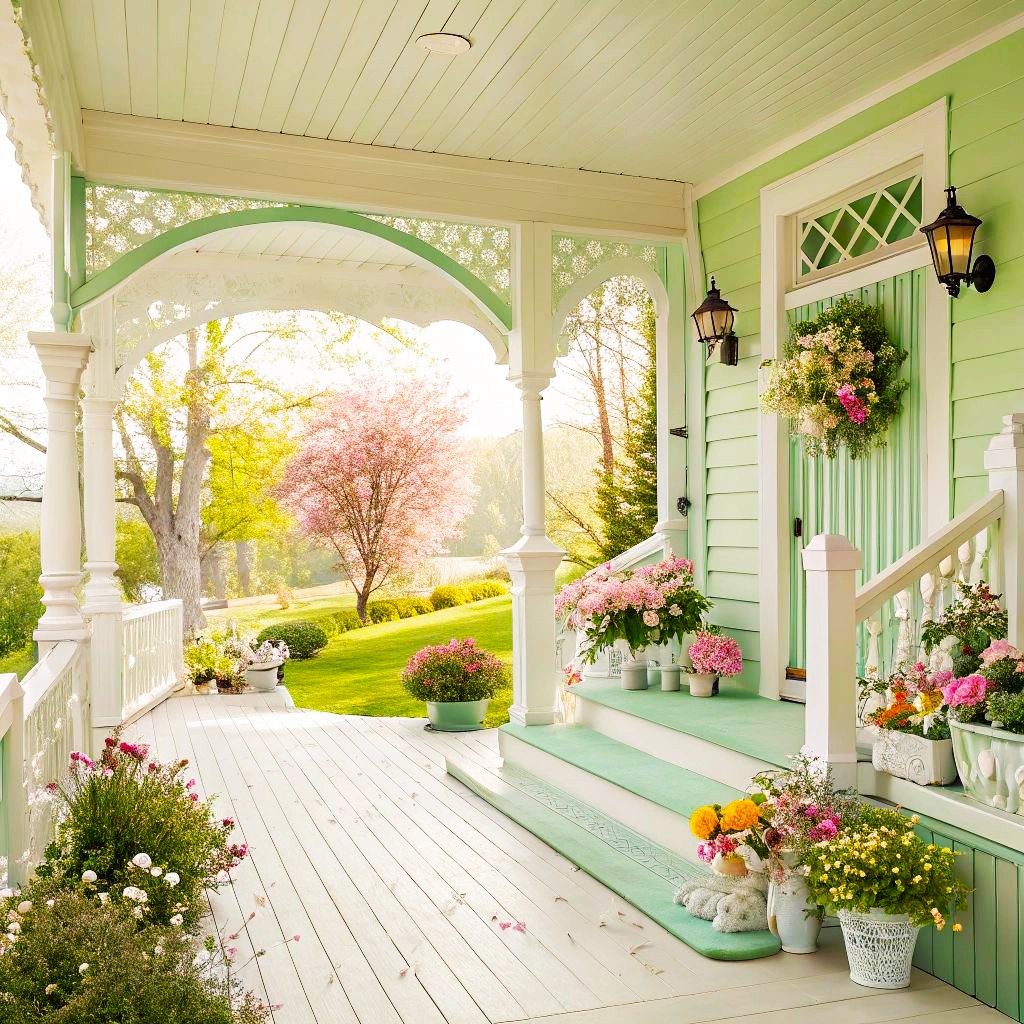 Mint green Victorian porch with white railings, flower pots, and spring garden view with blooming dogwood tree