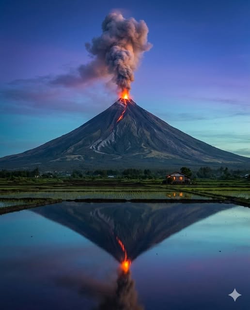 Symmetrical cone of Mount Mayon volcano in the Philippines with green foreground fields