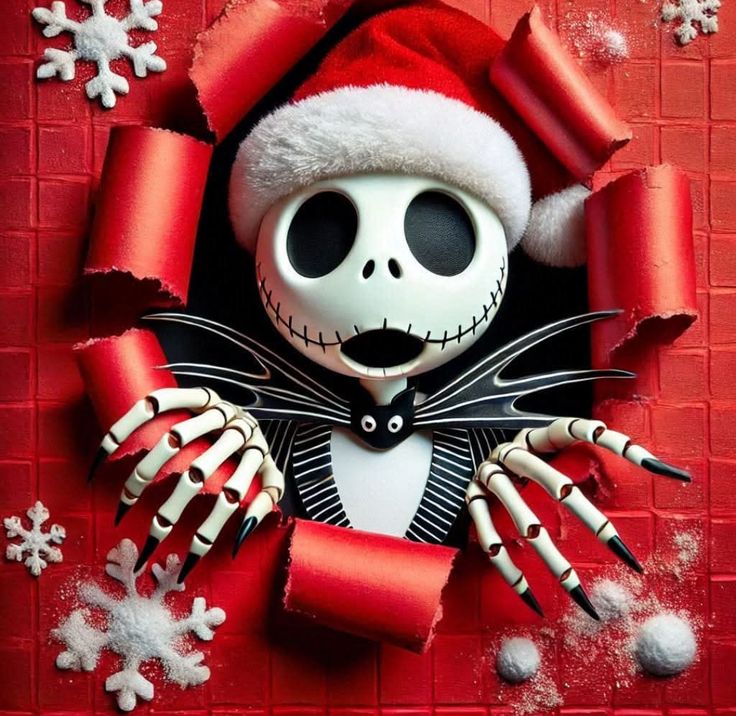 Jack Skellington wearing Santa hat with red ribbon bows and snowflakes on red Christmas background
