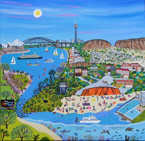 Colorful illustration of Sydney Harbour with the Opera House, bridge, boats, beach, and city skyline