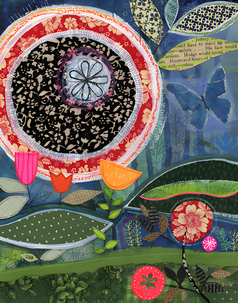 Abstract botanical collage with patterned flowers and leaves on a blue-green background