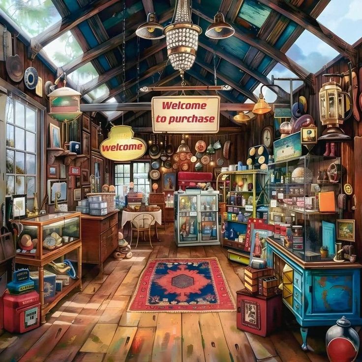 Cozy vintage shop interior packed with lamps, clocks, shelves, and assorted antiques